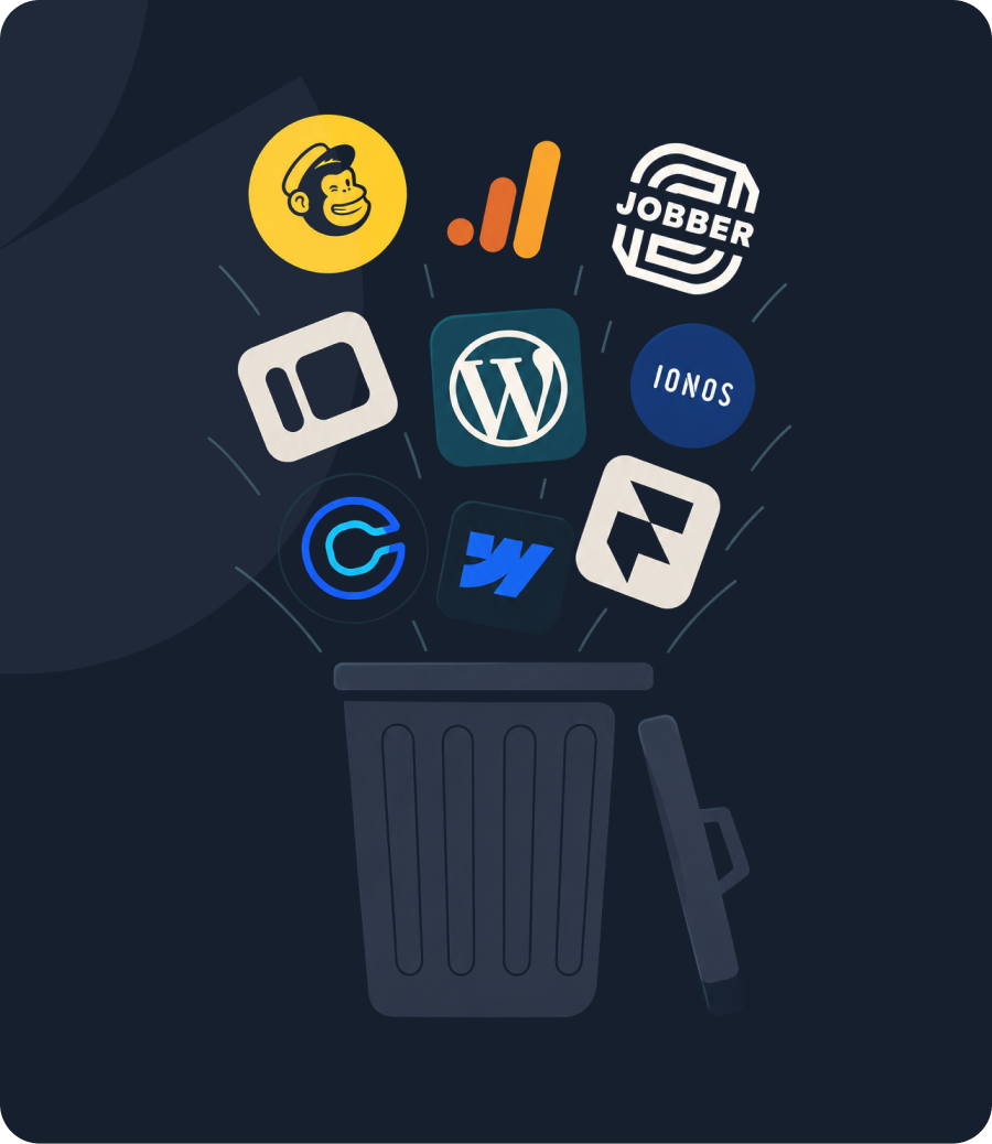 The pile of paid apps you no longer need — Mailchimp, WordPress, Jobber, Calendly and more, in the trash